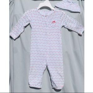 Carter's Girl Romper Blue Pink Outfit Hat Set